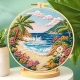 Zhenqing Beach Landscape Embroidery Kit, Seaside Floral Craft Set with 20cm Hoop, Printed Design on 29x29cm Cotton Fabric, DIY Coastal Wall Art (JC0027)