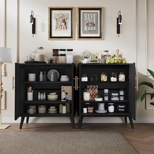 Rovaurx Set of 2 Rattan Storage Cabinet with Doors, Accent Bathroom Floor Cabinet, Modern Sideboard Buffet Cabinet for Living Room, Entryway, Dining Room and Kitchen, Black and Natural BMGZ108BM02 Rovaurx