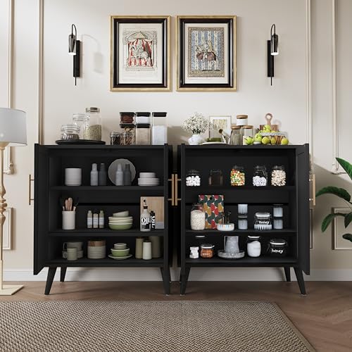 Rovaurx Set of 2 Rattan Storage Cabinet with Doors, Accent Bathroom Floor Cabinet, Modern Sideboard Buffet Cabinet for Living Room, Entryway, Dining Room and Kitchen, Black and Natural BMGZ10 - WoodArtSupply