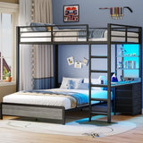 ADORNEVE Bunk Bed with Desk, Full Over Full Bunk Beds with Charging Station & Led Lights, 4 Storage Drawers & 2 Open Storage Shelves, Metal Loft Bed with Safety Guardrail & Ladder for Kids/Teen, Grey ADORNEVE