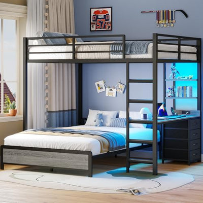 ADORNEVE Bunk Bed with Desk, Full Over Full Bunk Beds with Charging Station & Led Lights, 4 Storage Drawers & 2 Open Storage Shelves, Metal Loft Bed with Safety Guardrail & Ladder for Kids/Teen, Grey