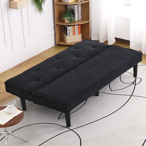 ODOLAR 66” Armless Corduroy Sofa Bed, 2-in-1 Convertible Sleeper Sofa with Tufted Back, Soft Skin-Friendly Fabric Small Futon for Apartments, Living Room, Bedroom (Black) ODOLAR
