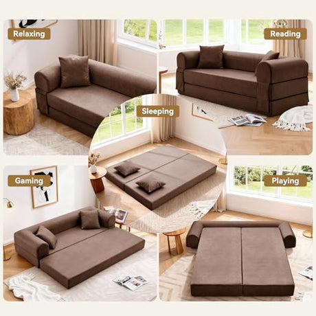 GJQ Convertible Sleeper Sofa Bed,78.5 Inch Faux Leather Futon Couch with Pillows & Storage Pocket,5-in-1 Folding Sofa Bed Queen with Pull Out Beds,Boneless Couches for Living Room,Couch in a Box,Brown GJQ
