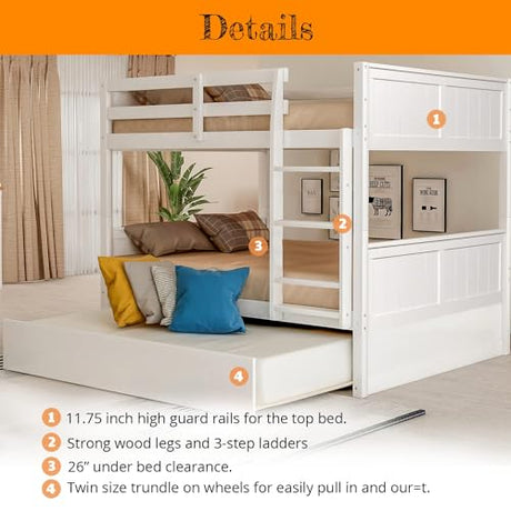 MERITLINE White Full Over Full Bunk Bed with Trundle - Solid Wood Detachable Design for Kids MERITLINE
