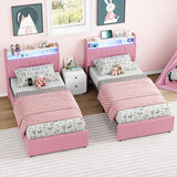 LIKIMIO Twin Bed Frame with 2 Storage Drawers, Charging Station & LED Lights, Upholstered Platform Twin Bed with Storage Headboard, Strong Wooden Slats, No Box Spring Needed, Easy Assembly, Pink LIKIMIO