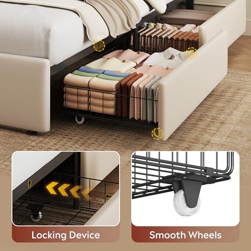 WLIVE Queen Size Upholstered Bed Frame with 4 Storage Drawers and Headboard, Velvet Platform Bedframe, Sturdy Metal & Wooden Slats Support, No Box Spring Needed, Easy Assembly, Beige WLIVE