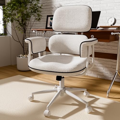 Fabric Office Chair with Granular Linen, Mid Back Vintage Desk Chair with Wheels and Wide Arms, Mid Century Modern Home Office Desk Chairs with Memory Foam Seat Cushion, Adjustable Height, White HomeZeer