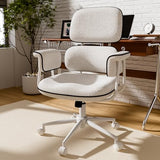 Fabric Office Chair with Granular Linen, Mid Back Vintage Desk Chair with Wheels and Wide Arms, Mid Century Modern Home Office Desk Chairs with Memory Foam Seat Cushion, Adjustable Height, White HomeZeer