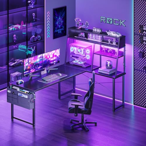 AODK L Shaped Gaming Desk with Led Lights, 59 Inch Reversible Gaming Computer Desk with Display Shelves, PC Gamer Desk Gamer Table with Storage Bag, L Desk for Game, Black AODK