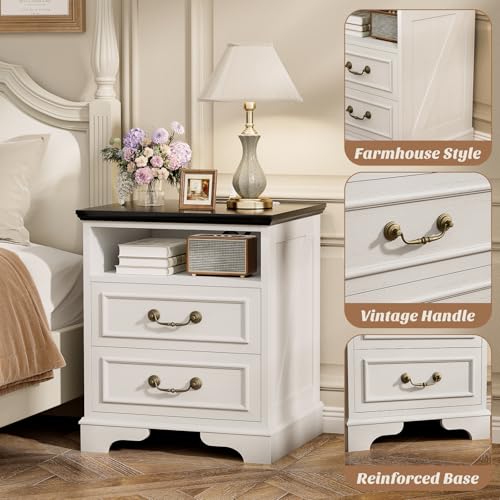 Unikito Farmhouse Nightstand with Charging Station, Bedside Table with 2 Large Drawers & Vintage Handles, Side Table with Open Storage for Bedroom (Antique White) Unikito