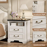 Unikito Farmhouse Nightstand with Charging Station, Bedside Table with 2 Large Drawers & Vintage Handles, Side Table with Open Storage for Bedroom (Antique White) Unikito