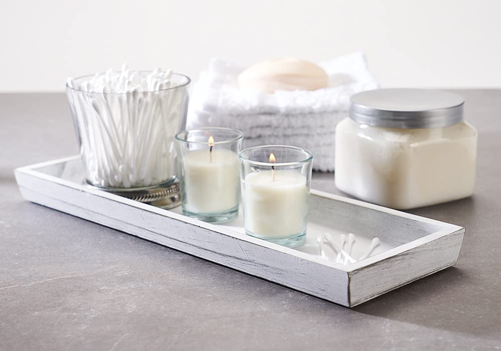 Euneek Designs Farmhouse Distressed Whitewash Wood Tray - Vanity, Bathroom, Toilet Tank, Countertop Organizer - Perfume or Jewelry Storage, Candle Votives or DIY Decor Projects and Wedding Centerpcs