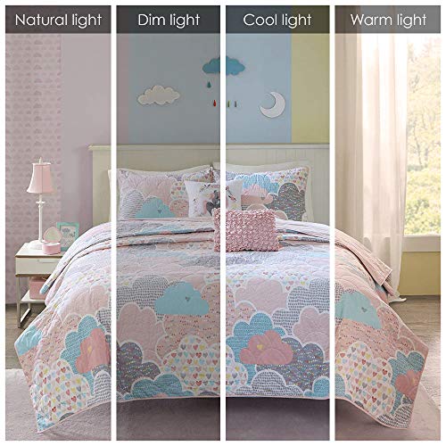 Intelligent Design Kids Reversible Cotton Quilt Set - Vibrant Fun, Playful Print, All Season Children Bedding Coverlet Bedspread, Decorative Pillow, Bedroom Décor, Full/Queen, Cloud Pink 5 Piece Intelligent Design