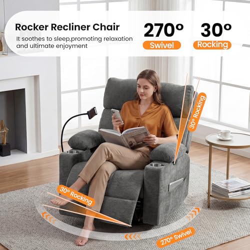 FiveWillowise Power Rocking Chair Nursery with Adjustable Armrests&Headrest, Glider Recliner Chair, Swivel Reading Chair with Electric Lumbar Support, Cup Holder, Nightlight and USB Ports, Grey