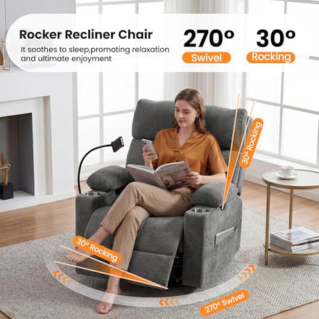 FiveWillowise Power Rocking Chair Nursery with Adjustable Armrests&Headrest, Glider Recliner Chair, Swivel Reading Chair with Electric Lumbar Support, Cup Holder, Nightlight and USB Ports, Grey FiveWillowise