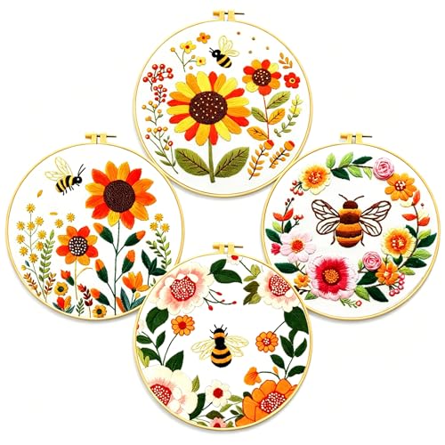 Zhenqing Bees & Flowers Embroidery Kit 11.4x11.4cm - 4-Piece Complete Cross Stitch Set with Pre-Printed Fabric, Threads, Hoop, Needles & Instructions | DIY Craft for Adults, Beginners-Friendly (C0046)