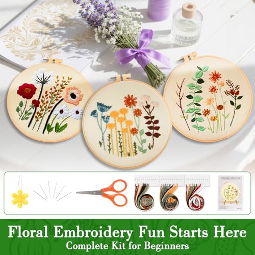 RAINFLOW Embroidery Kit for Beginners 3 Sets Stamped Cross Stitch Kits,Needle Point Kits Adults Beginner with Stamped Easy Flowers Plant Patterns,DIY Needlework Mothers Day Gifts for Adults Women
