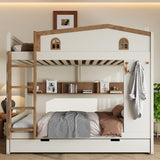 Bellemave Queen Over Queen Bunk Bed with Trundle & Hooks, Wooden Floor Bunk Beds Frame with Storage Shelves & Ladder for Kids Teens, Beige+Natural Bellemave