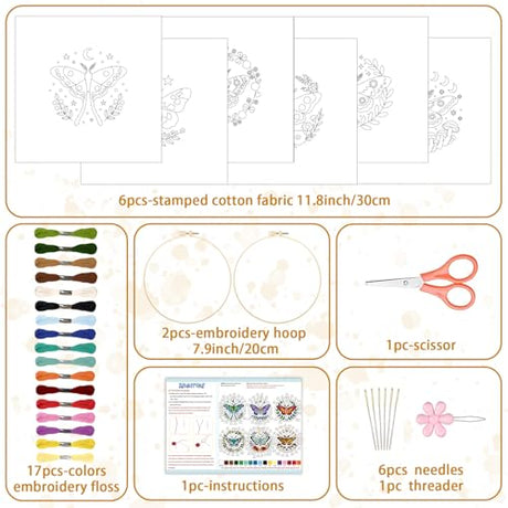 BEUNITONE 6 Set Moth Embroidery Kit for Adults Beginners, DIY Needlepoint Craft Kits with Instructions and Hoops, Complete Starter Set for Adults, Funny Hand Embroidery for Fabric and Home Decor BEUNITONE