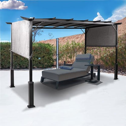 Backyard Expressions 12 x 9 Metal Flat Top Pergola with Adjustable Grey Sling Top - WoodArtSupply