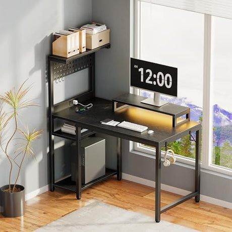 MEUIS 40 inch Small Gaming Desk with Pegboard Shelves Computer Desks with Led Lights Power Outlets PC Monitor Stand Reversible Storage Shelf Table for Bedroom Small Space, Black MEUIS