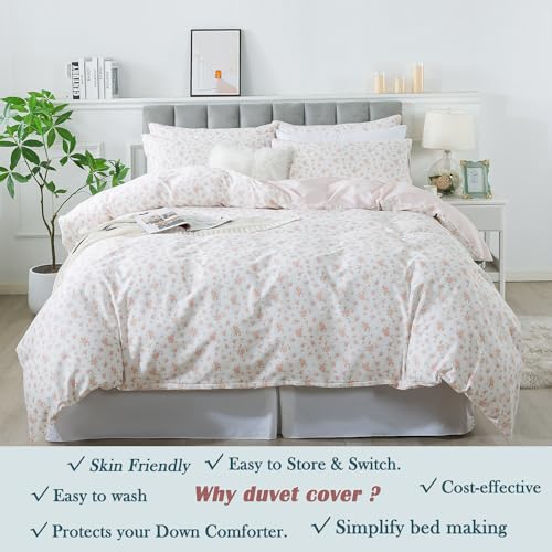 FADFAY Full Duvet Cover Set Pink Floral Comforter Cover 100% Cotton Girls Pink White Flower Bedding Garden Style Blush Bedding for All Season Soft Bedding with 2 Pillowcases, Full FADFAY