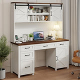 Farmhouse 67" H Executive Desk with Hutch,Office Desk with 5 Drawers, Computer Desks with Storage Cabinet & File Drawers and Charging Station, Workstation for Home Office and Study.(Unique White). Vabches