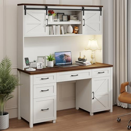 Farmhouse 67" H Executive Desk with Hutch,Office Desk with 5 Drawers, Computer Desks with Storage Cabinet & File Drawers and Charging Station, Workstation for Home Office and Study.(Unique White). Vabches