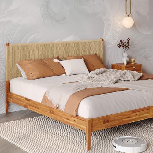 Bme Selina King Size Wood Platform Bed Frame with Handcrafted Paper Cord Headboard - No Box Spring Needed Bme