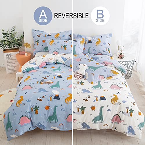 DJY Dinosaur Full Size Duvet Cover Set, Cotton Blue White Reversible Kids Bedding Set for Boys Girls, 3 Pieces Ultra Soft Breathable Comforter Cover Set (1 Duvet Cover+2 Pillowcases) DJY