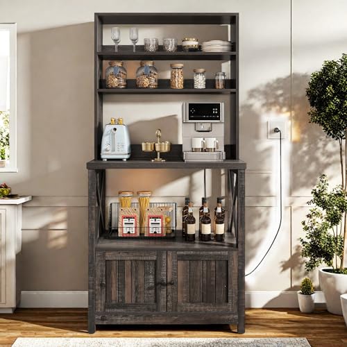 YITAHOME Bakers Rack with Power Outlet and Storage Cabinet Door, 5-Tiers Kitchen Tall Microwave Stand, Farmhouse Small Pantry Hutch, Thickened Counter Coffee Bar Station with Shelves, Black Oak YITAHOME