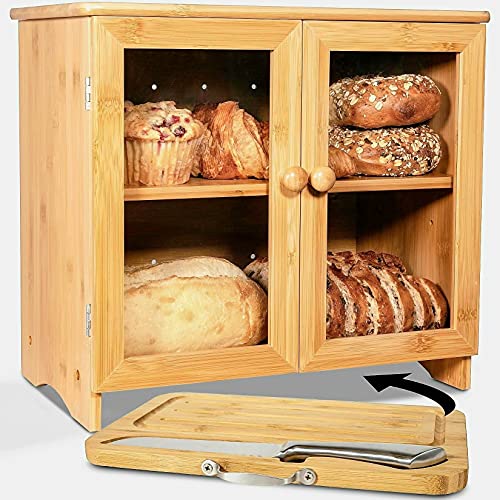 LuvURkitchen Large Wooden Bread Box For Kitchen Countertop, Comes With Thick Bamboo Cutting Board And Stainless Steel Bread Knife. Rustic Bamboo Bread Box With Adjustable Shelf. (easy Self-assembly)