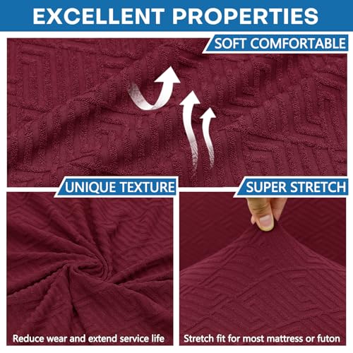 ZNSAYOTX Stretch Fit Futon Cover (67"-82") Armless Futon Sofa Bed Slipcover with Elastic Band, Universal Foldable Sofa Mattress Protector Full Queen Size, Washable Comfort Jacquard (Wine Red) ZNSAYOTX