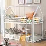 Merax Modern Heavy Metal House Low Bunk Bed Twin Over Twin, Montessori Floor Bunk Bed Frame with Full-Length Guardrail/No Box Spring Needed White Merax