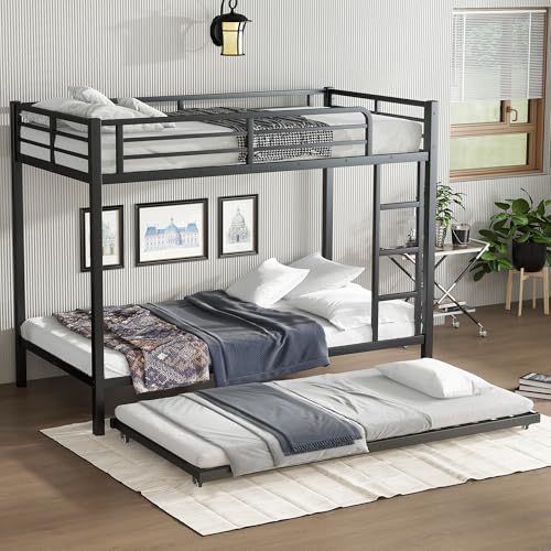 Harper & Bright Designs Twin XL Over Twin XL Metal Bunk Bed with Twin Size Trundle for Adults,Heavy Duty Twin XL Metal Bunk Bed Frame with Ladder and Guardlails,Black Harper & Bright Designs