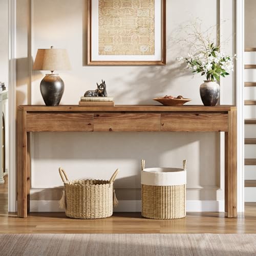 TRIBEWOOD Solid Wood Console Table with 3 Drawers, 63" Long Entryway Table with Rounded Corners, Narrow Sofa Table Behind Couch, Farmhouse Accent Table for Entrance, Hallway, Living Room, Rustic Brown TRIBEWOOD