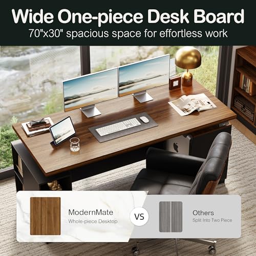 ModernMate 71" Standing Executive Desk with Privacy Panel, Large One-Piece Electric Height Adjustable Stand Up Desk with Charging Station, File Cabinet Storage, Home and Office, Black Walnut ModernMate