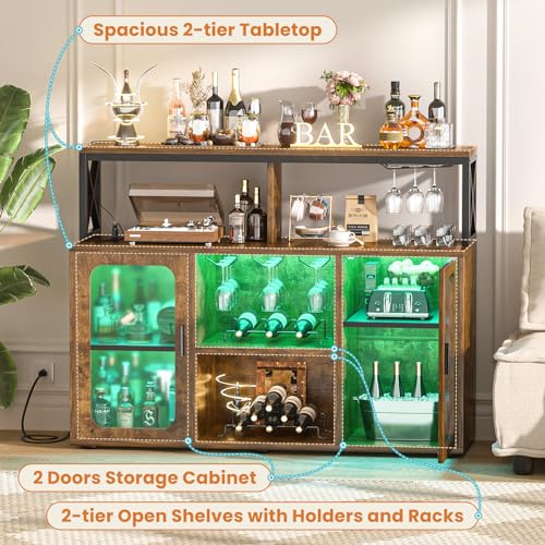 Aheaplus Bar Cabinet with Power Outlets, Liquor Cabinet with Led Lights and Glass Holder, Storage Buffet Cabinet Coffee Bar Cabinet for Liquor, Wine Cabinet with Racks, RustivBrown Aheaplus