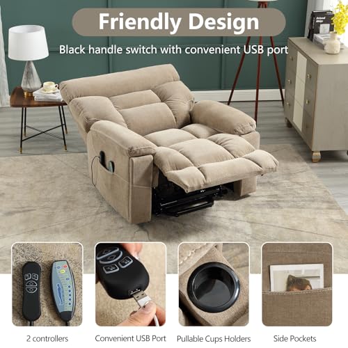 CANMOV Dual Motor Power Lift Recliner Chair for Elderly, 27" Extra-Wide Seat 450 lbs Weight Capacity Infinite Position Adjustment, with Heated Massage, Cup Holders and USB Port, Camel Fabric