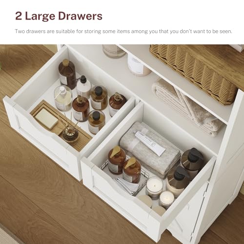 TEENFON Storage Cabinet with Doors & 2 Drawers, Kitchen Cabinet with Adjustable Shelf, Pantry Cabinets, Bathroom Cabinets, for Living Room, Entryway, Home Office, White TEENFON