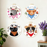 BEUNITONE 4 Set Embroidery Kit for Beginners, Animal Cowboy Patterns Cross Stitch Kits, Needlepoint Kits for Adults with Hoop, Cute Hand Embroidery Patterns for Cloth and Home Decor