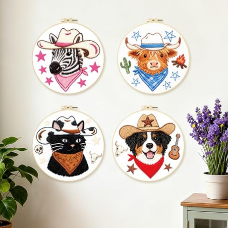 BEUNITONE 4 Set Embroidery Kit for Beginners, Animal Cowboy Patterns Cross Stitch Kits, Needlepoint Kits for Adults with Hoop, Cute Hand Embroidery Patterns for Cloth and Home Decor BEUNITONE