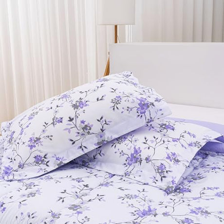 Mooreeke Floral Twin Size Comforter Sets, Lightweight Purple Lavender Botanical Printed Bedding for All Seasons, 2-Piece Vintage Bed in a Bag with Fluffy Quilted Reversible Comforter & Pillow Sham Mooreeke
