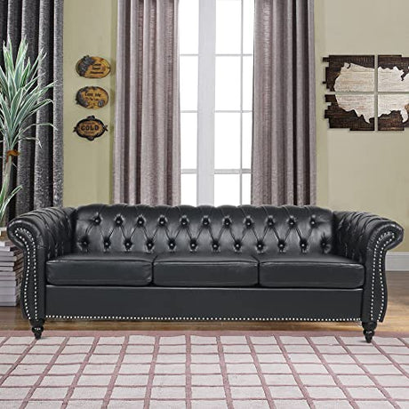 RARZOE Modern 3 Seater PU Chesterfield Sofa, Upholstered Tufted Button Leather Chesterfield Couch, Classic Faux Leather Settee with Nailhead Trim Scroll Arms for Living Room Bedroom(Black) RARZOE