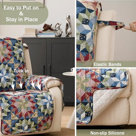 Chindar Patchwork Printed Recliner Chair Covers, Soft Quilted Lazy Boy Chair Covers, Pet Friendly Recliner Cover for Sofa Couches, Washable Armchair Slipcovers Covers (Recliner 22", Patchwork Red) Chindar
