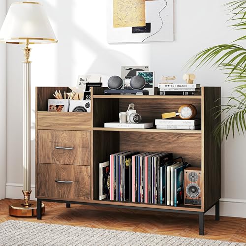 FLIXELIO Record Player Stand with Vinyl Storage and Drawers, 500+ Vinyl Record Storage Cabinets with Metal Legs Turntable Stand Mid Century Modern Record Player Table for Living Room FLIXELIO