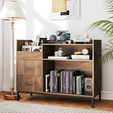 FLIXELIO Record Player Stand with Vinyl Storage and Drawers, 500+ Vinyl Record Storage Cabinets with Metal Legs Turntable Stand Mid Century Modern Record Player Table for Living Room FLIXELIO