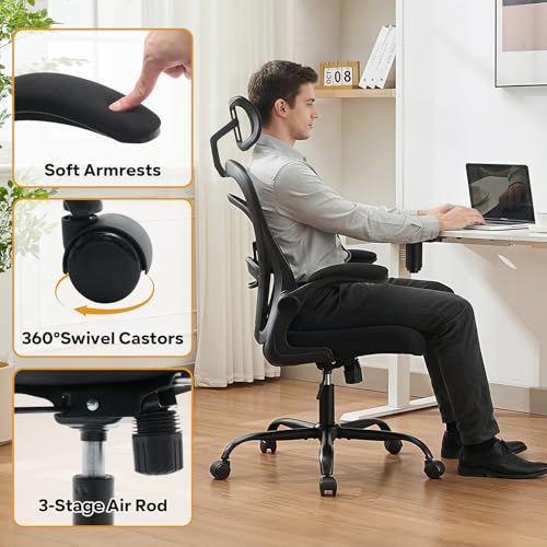 Ergonomic Office Chair,Computer Desk Chair Comfy with Flip-Up Armrests,Comfortable Lumbar Support Gaming Chairs for Bedroom,Study,Student,Wide Seat,Black Garvee