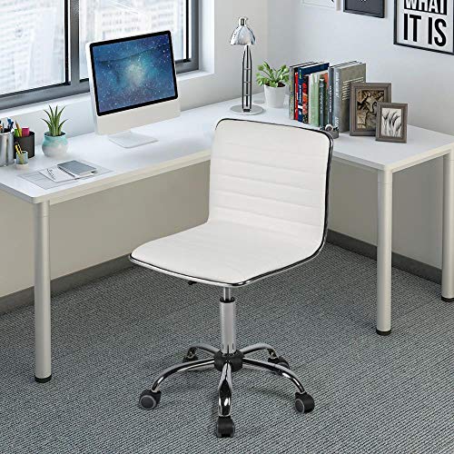 Yaheetech Adjustable Task Chair PU Leather Low Back Ribbed Armless Swivel White Desk Chair Office Chair Wheels Yaheetech