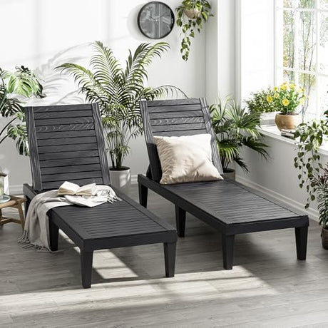NBYSGO Outdoor Lounge Chairs Set of 2, 5-Position Adjustable Tanning Chairs with Wood Grain, All-Weather Resin Patio Recliners for Pool, Garden, Deck, Beach, Patio Lounge Chairs, Texture Black NBYSGO